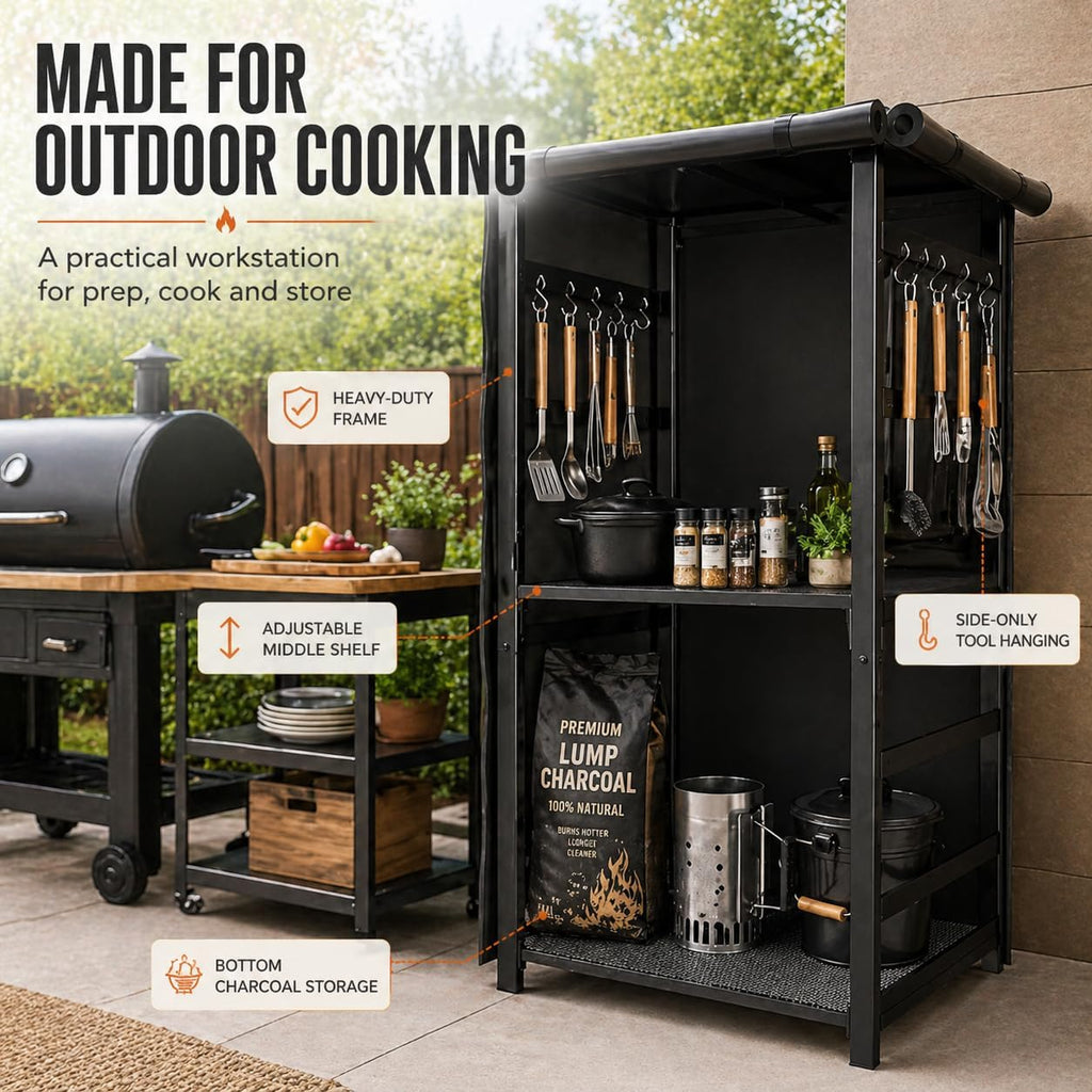 53in Storage Cabinet Station for Solo Stove Yukon/Bonfire/Ranger and more Smokeless Fire Pit Accessories with Waterproof Cover,Adjustable Firewood Storage Racks for Patio Logs and Fire Pit Accessories