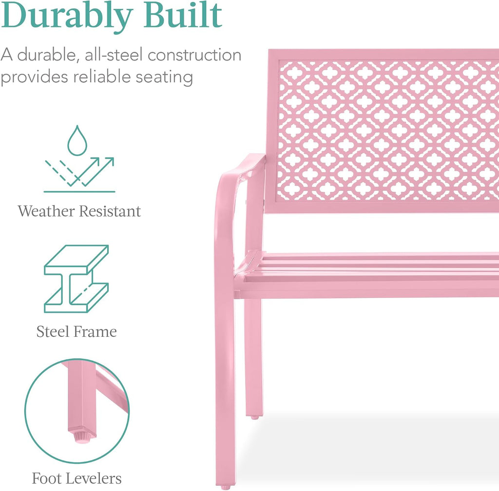 Best Choice Products Outdoor Bench 2-Person Metal Steel Benches Furniture for Garden, Patio, Porch, Entryway w/Geometric Backrest, 790lb Capacity - Pink