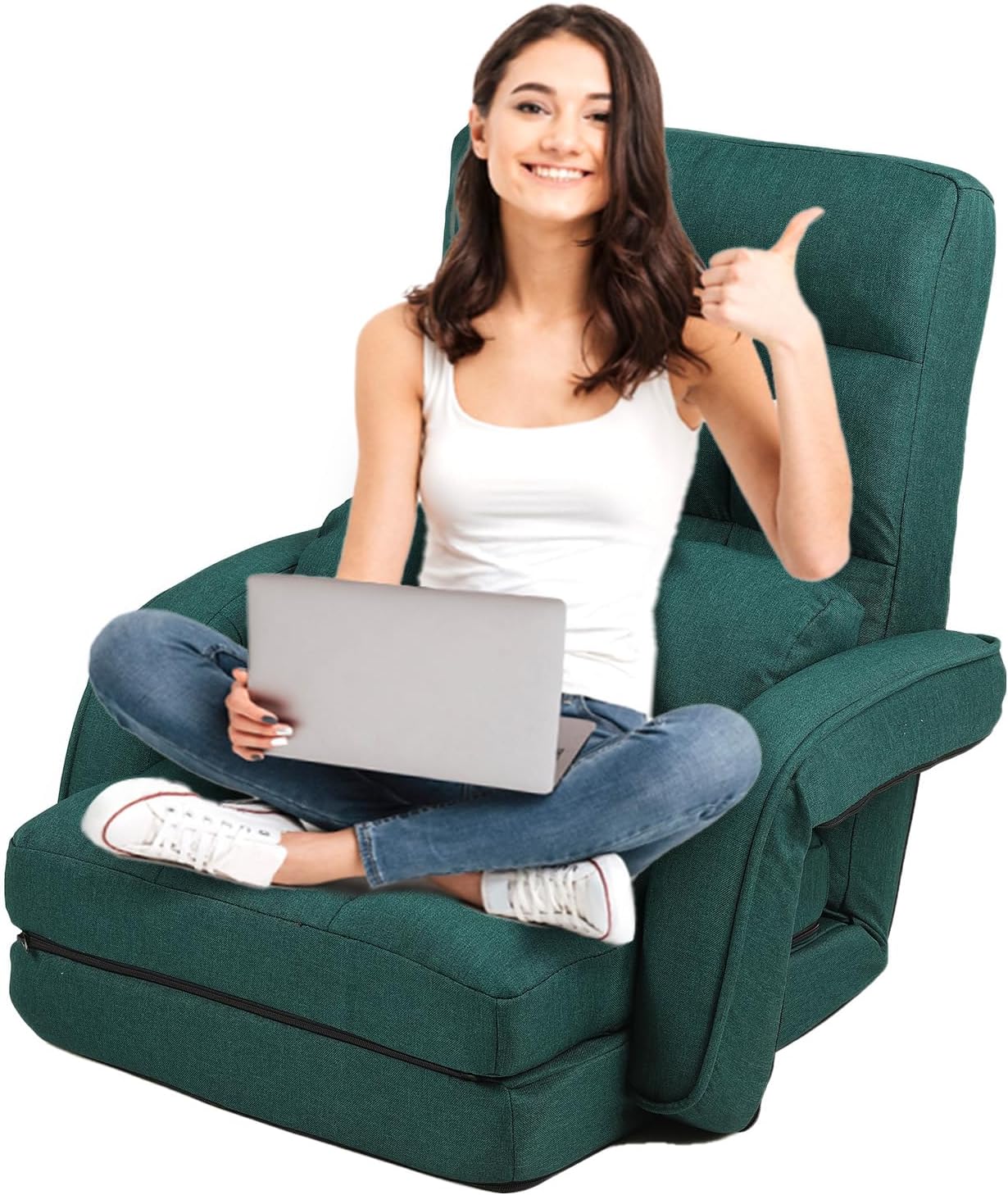 42-Position Adjustable Floor Chair, Chaise Lounge Chair Indoor,Comfy Folding Lazy Sofa Chair for Adults with Armrests and a Pillow Padded,Gaming Chairs for Living Room,Bedroom,Fabric,Green