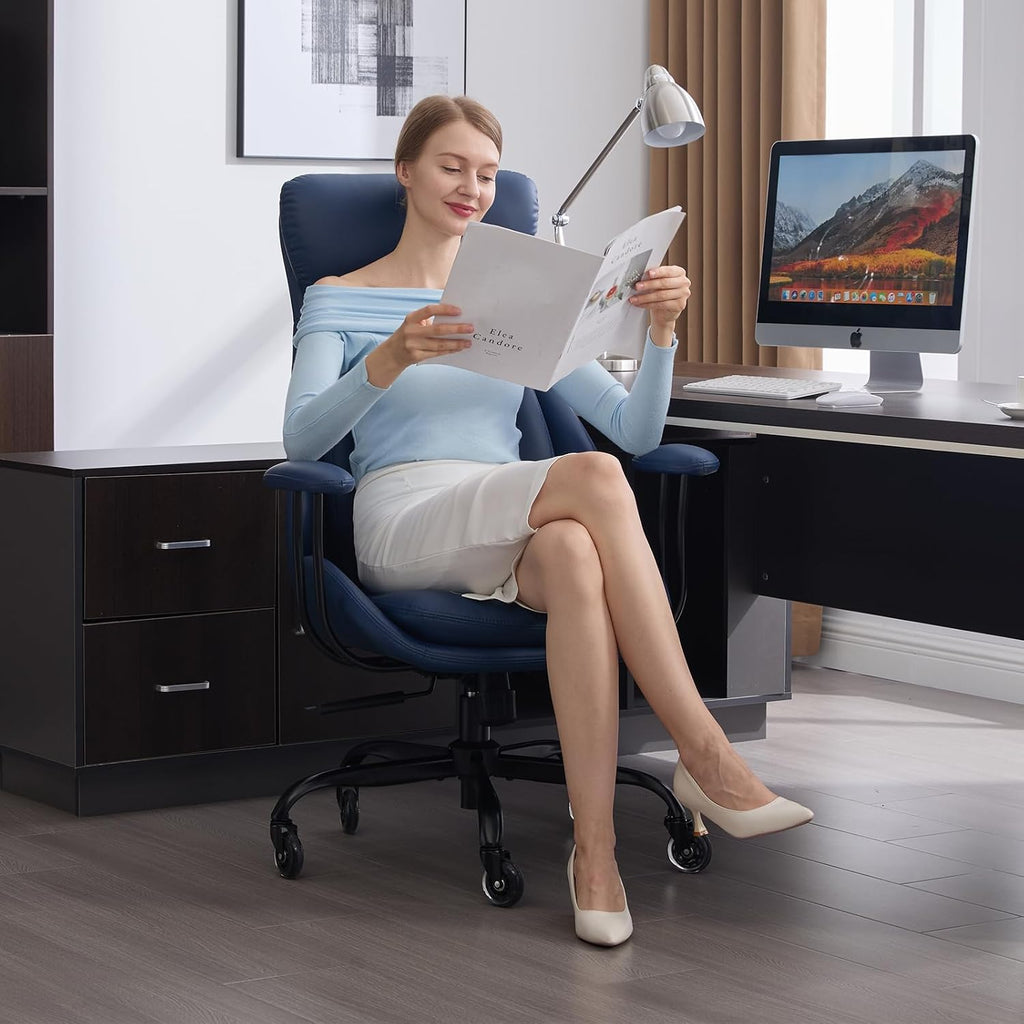 E-Motie Office Chair, Leather Desk Chair with Rubber Wheels, Ergonomic Computer Chair 500 LBS with Lumbar Support, High Back Executive Chair for Modern Home Office, Blue