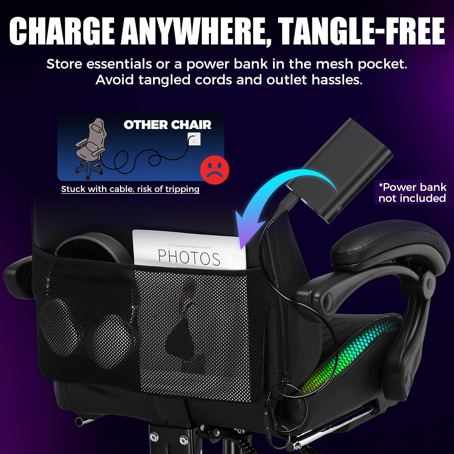 GTPLAYER RGB Gaming Chair with Speakers - LED Computer Game Chair for Adults, PC Home Office Chairs with Footrest & Lights, Reclining Desk Chairs, Black