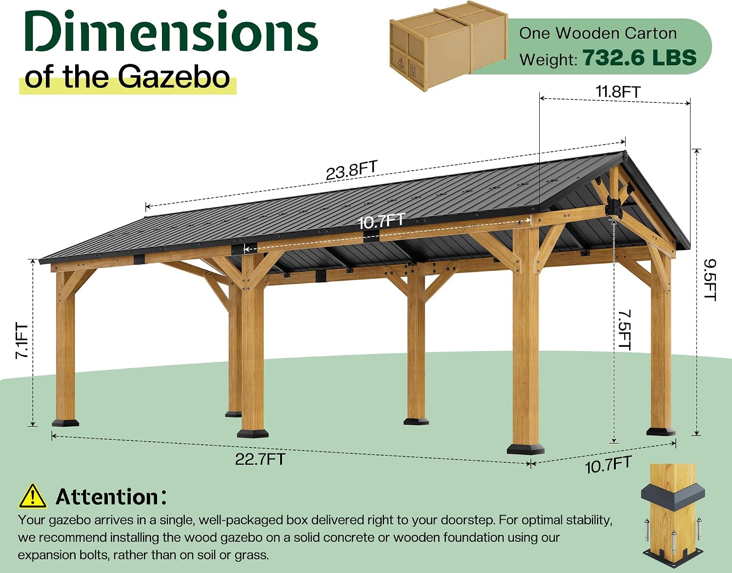 Jocisland 12' x 24' Cedar Wood Hardtop Gazebo with Galvanized Steel Roof, Waterproof Outdoor Gazebo Pavilion, Heavy-Duty Snow & Wind Resistant Carport for Patio, Driveway, Garden