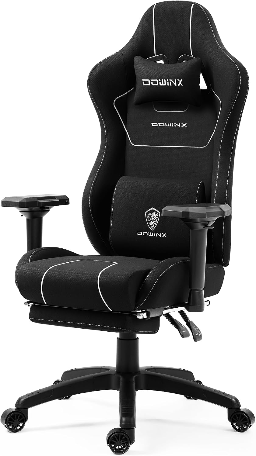 Dowinx Gaming Chair with Massage Lumbar Support Footrest, Fabric Computer Gamer Chair with Pocket Spring Cushion Adjustable Comfortable Game Office Chair 300lbs for Adult Teens Black