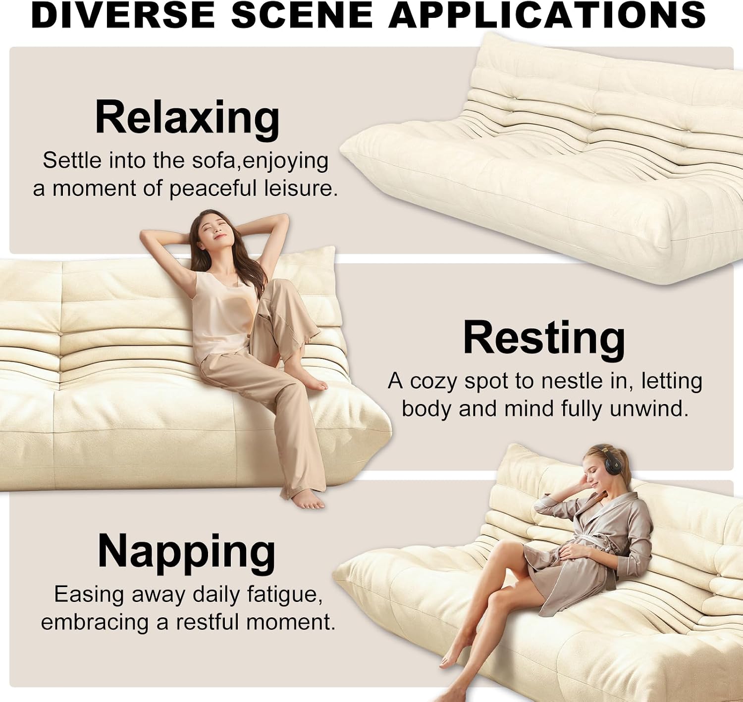 Full Foam Three Seater Sofa – Bean Bag Chairs Floor Couch for Adults, Waterproof Upholstery, Armless Fireside Lounge Chair for Living Room, Apartment, or Office (White)