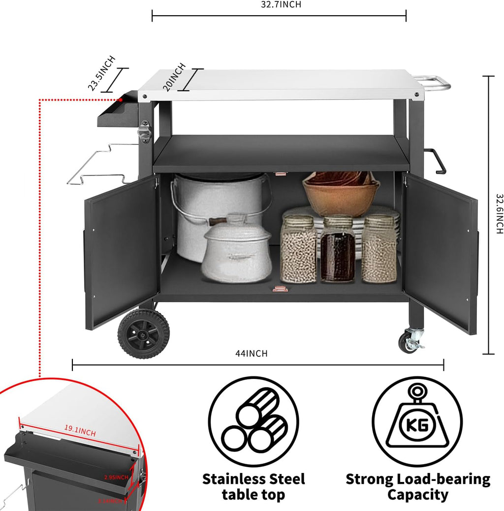 Kendane Grill Cart Table with Big Storage Cabinet, Movable Outdoor Dining Cart Pizza Oven Stand, Kitchen Cart Island Multifunction Food Prep Table Stainless Steel Surface