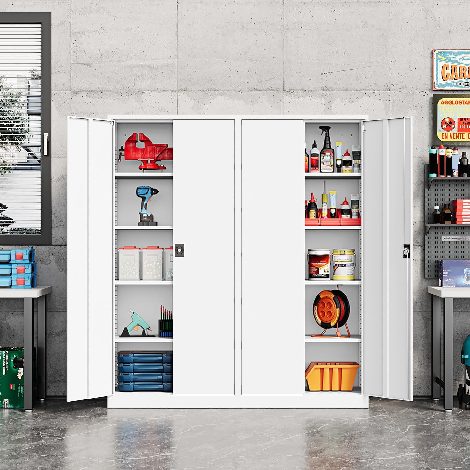 Fesbos Metal Storage Cabinet-72' Tall Steel File Cabinets with Lockable Doors and Adjustable Shelves-White Steel Storage Cabinet for Kitchen, Office, Garage