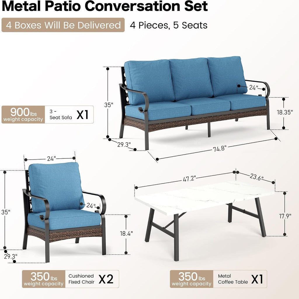 SUNSHINE VALLEY 4 Piece Metal Outdoor Patio Furniture Set, Patio Conversation Sets 1 3-Seater Sofa, 2 Chairs with 5.75' Extra Thick Cushion and Coffee Table, Black Frame Backyard Furniture, Denim Blue