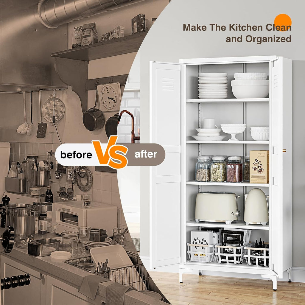 Yizosh Metal Storage Cabinet with 2 Doors and 4 Adjustable Shelves - 61' White Kitchen Pantry Storage 5-Tier Tall Steel Cabinets Locker for Kitchen, Living Room, Dining Room