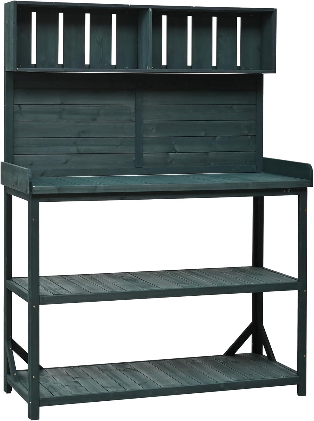 Merax 65' Large Wooden Farmhouse Rustic Outdoor Potting Bench Table with 4 Storage Shelves and Side Hook, Patio Workstation, for Garden, Backyard, Forest Green