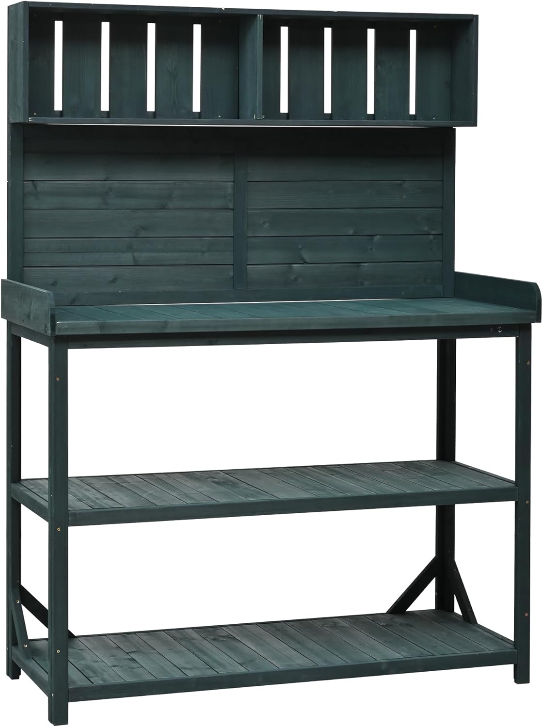 Merax 65' Large Wooden Farmhouse Rustic Outdoor Potting Bench Table with 4 Storage Shelves and Side Hook, Patio Workstation, for Garden, Backyard, Forest Green