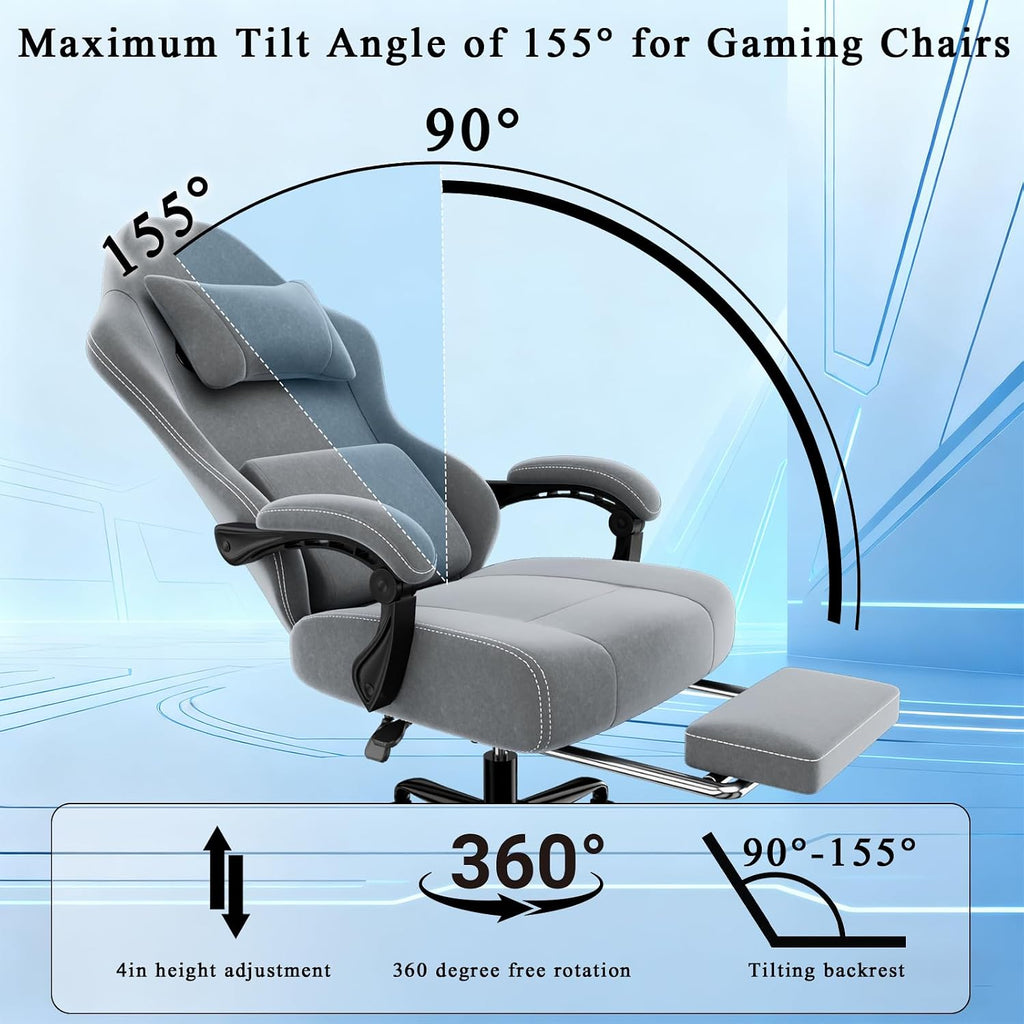 Massage Gaming Chair, Ergonomic Video Game Chair with Lumbar Support and Footrest, Height Adjustable Fabric Computer Chair with Pocket Spring Cushion (Gray)