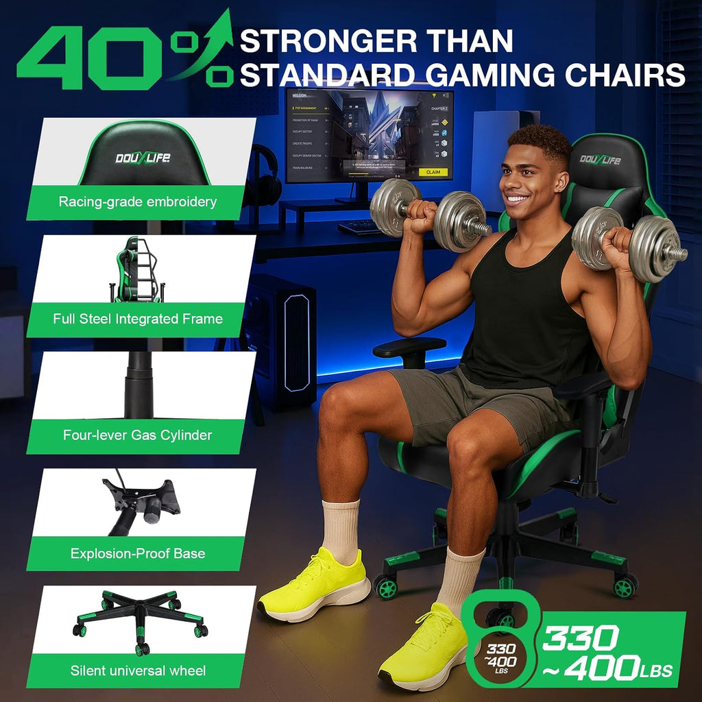Douxlife 7-Point Massage Gaming Chair with Footrest, 400lbs Heavy Duty Ergonomic Computer Chair, 175° Reclining High Back Racing Seat for Adults with Adjustable Armrests & Lumbar Support, Green