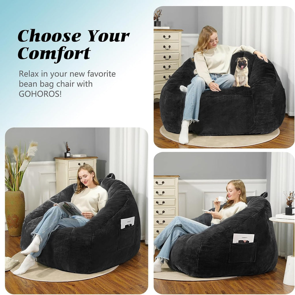 Giant Bean Bag Chair for Adults and Kids, Oversized BeanBag Couch Filler with Memory Foam, Faux Fur Shell-Shaped Boneless Chair for Reading, Stuffed Big Accent Sofa Living Room, Black
