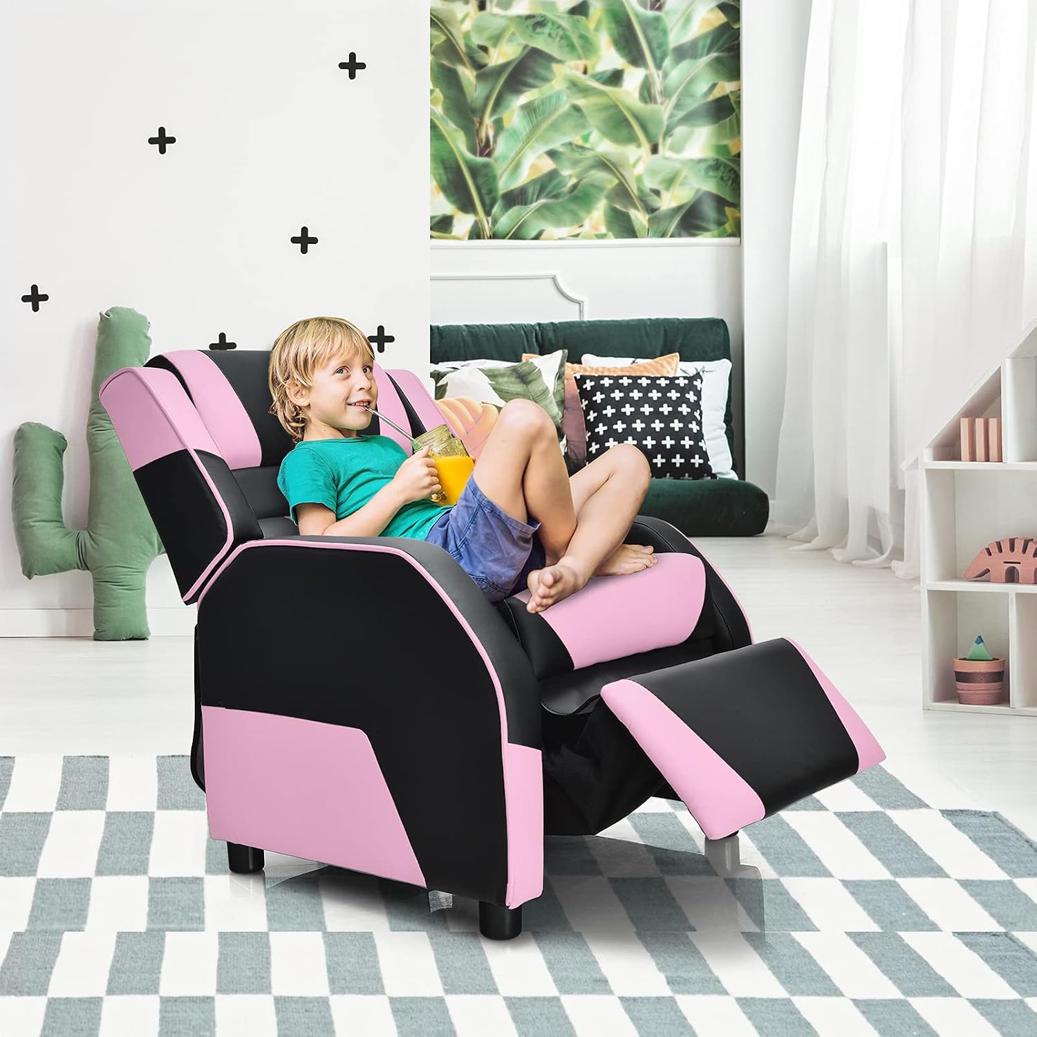 HONEY JOY Kids Recliner, Youth Game Reclining Chair w/Headrest & Back Pillow, Upholstered Leather Lounge Chair for Boys Girls, Manual Adjustable Toddler Single Sofa Chair for Living Room (Pink)