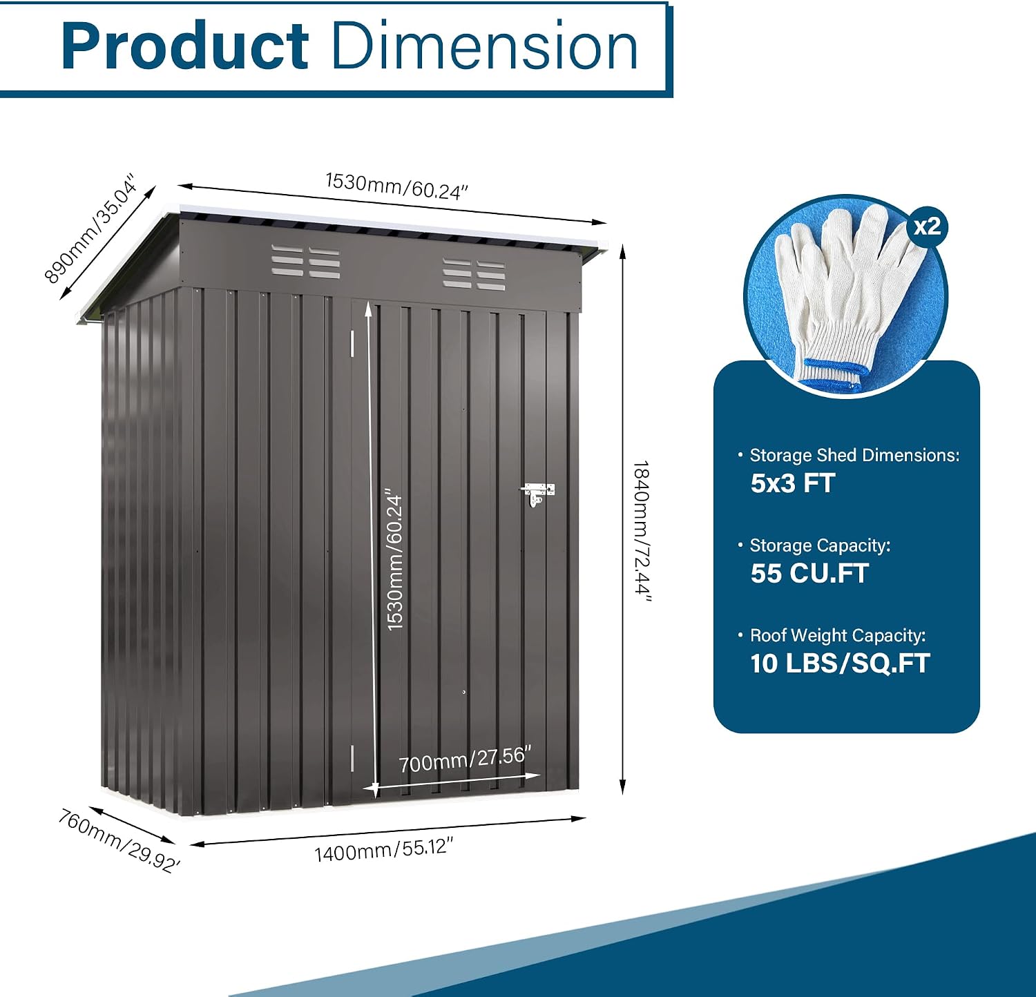 YOPTO 5X3 FT Sheds & Outdoor Storage,Metal Waterproof Tool Sheds with Pitched Roof and Lockable Door,Backyard House Buildings w/Vents,for Garden Sundries Sundries Bike,Gray