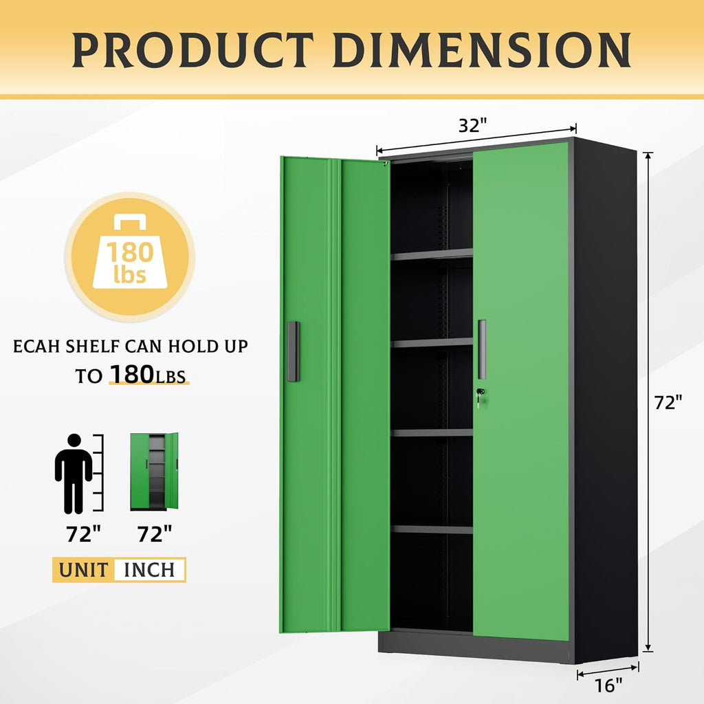 SUNCROWN 72' Metal Storage Cabinet - Heavy-Duty Metal Garage Cabinet with 4 Adjustable Shelves & 2 Doors for Tools, Office, Home, Workshop,Black & Green-Small