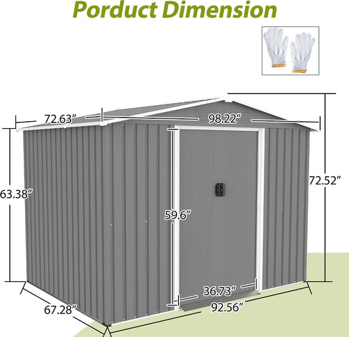 10x8 ft Outdoor Storage shed All Weather Metal Garden shed with Lockable Double Doors Tool Storage for Backyard Patio Lawn and Garden Organization Large Capacity (8x6 ft with Floor Frame)
