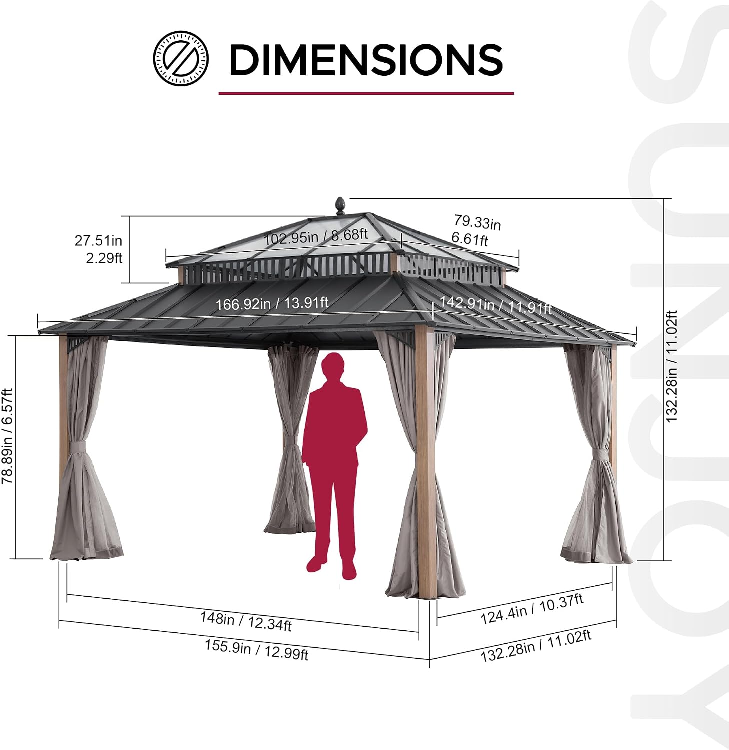 SUNJOY Kingston 14' x 12' Hardtop Gazebo with Galvanized Steel/Polycarbonate Double Roof, Curtain and Netting, Woodgrain Finish Aluminum Posts Permanent Pavilion Gazebo for Garden, Patio, Deck, Lawn