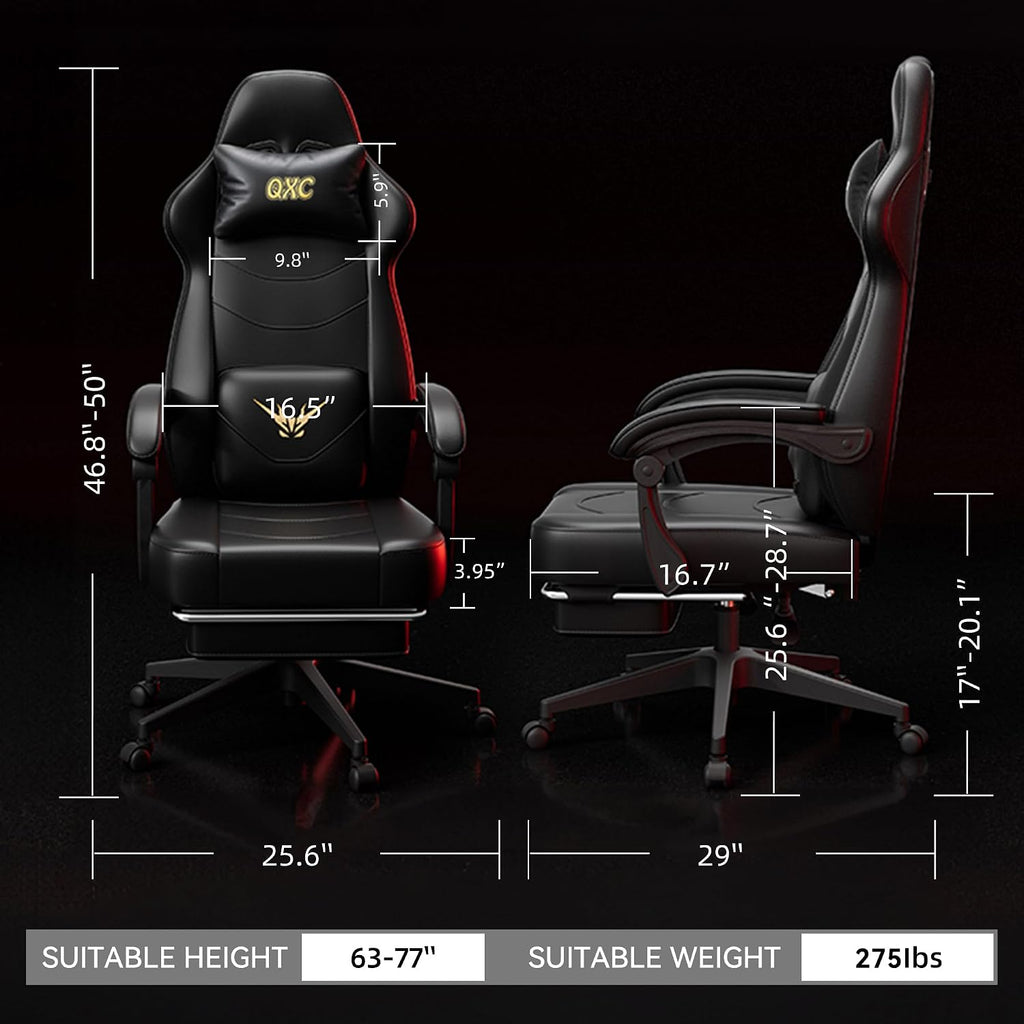Gaming Chair, Ergonomic Computer Chair with Lumbar Massage & Heat, Video Game Chair with Silent Casters, 3D Adjustable Backrest, Thickened Seat, PU Leather, Hidden Footrest (63-77in)