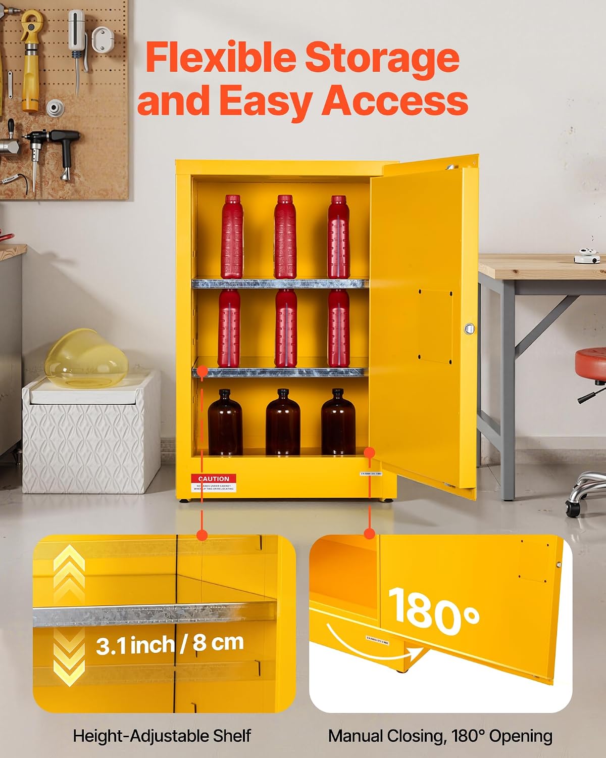VEVOR Flammable Cabinet 18' x 24' x 65', 13 Gallon Flammable Storage Cabinet with Adjustable Shelf, Cold-Rolled and Galvanized Steel Fire Cabinets, for Commercial Industrial Home Use, Yellow