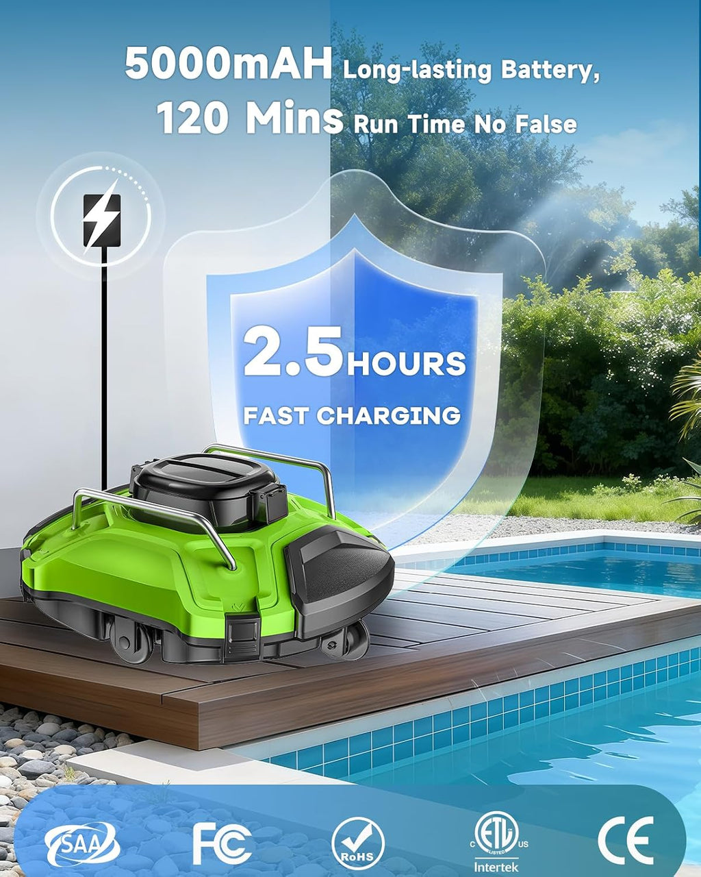 Cordless Robotic Pool Cleaner, Dual-Motor Vacuum with 25° Slope Climbing for Pools up to 915 sq ft, UL & CSA Certified, 120 Mins Long Running Time, Automatic Self-Parking, Powerful Suction