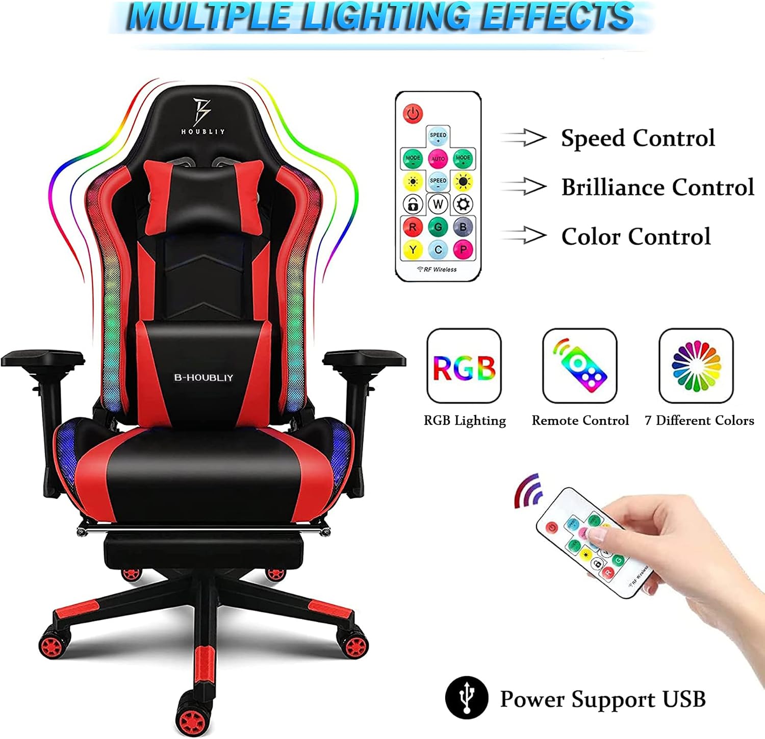 High Back Big and Tall Office Desk Chairs with 7-Point Massage, Ergonomic Gaming Chair with Speakers and RGB Lights, PU Leather Computer Chair Recliner Chair Music Video Game Chair,Black