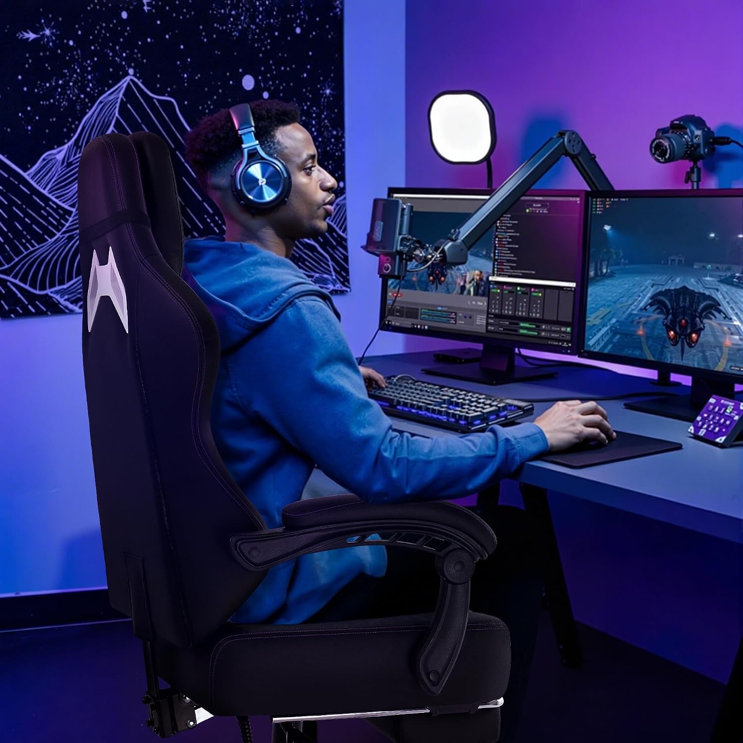 Waleaf Big and Tall Gaming Chair for Adults with Footrest, 400lbs Weight Capacity Video Game Chairs for Office, Ergonomic Computer Gaming Chair with Lumbar Support and Headrest (Purple)