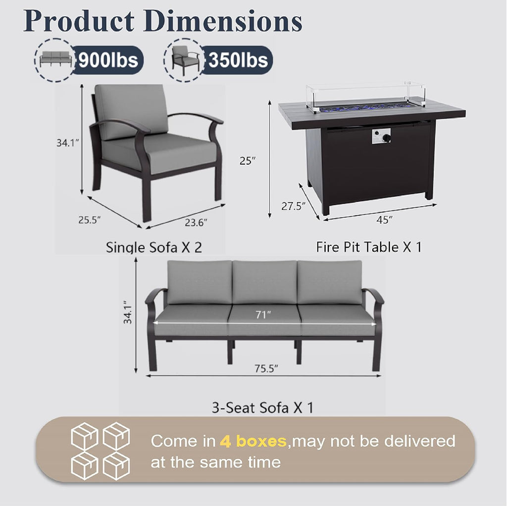 ALAULM Aluminum Patio Furniture Set with Propane Fire Pit Table 5-seat Metal Outdoor Furniture w/Fire Pit Sectional Sofas w/5.1' Cushions for Patio, Backyard, Poolside-Grey