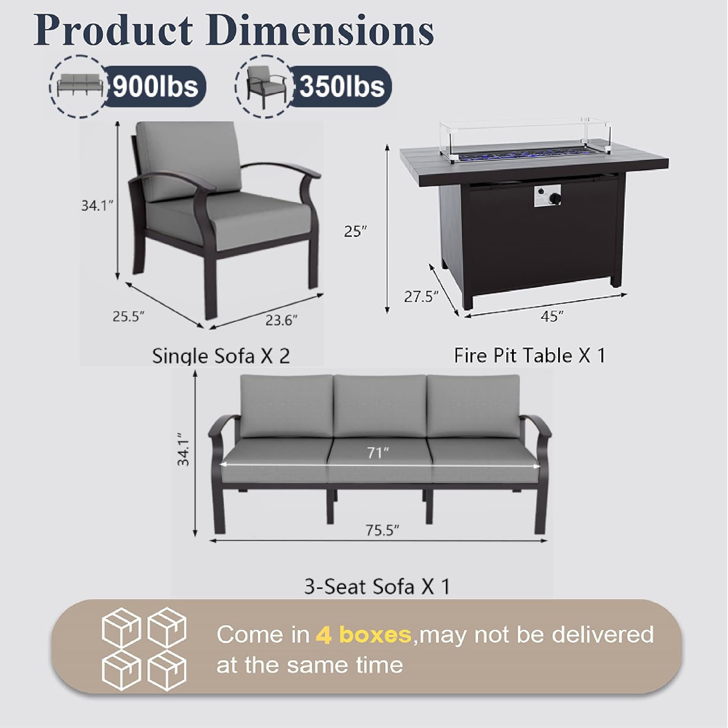 ALAULM Aluminum Patio Furniture Set with Propane Fire Pit Table 5-seat Metal Outdoor Furniture w/Fire Pit Sectional Sofas w/5.1' Cushions for Patio, Backyard, Poolside-Grey