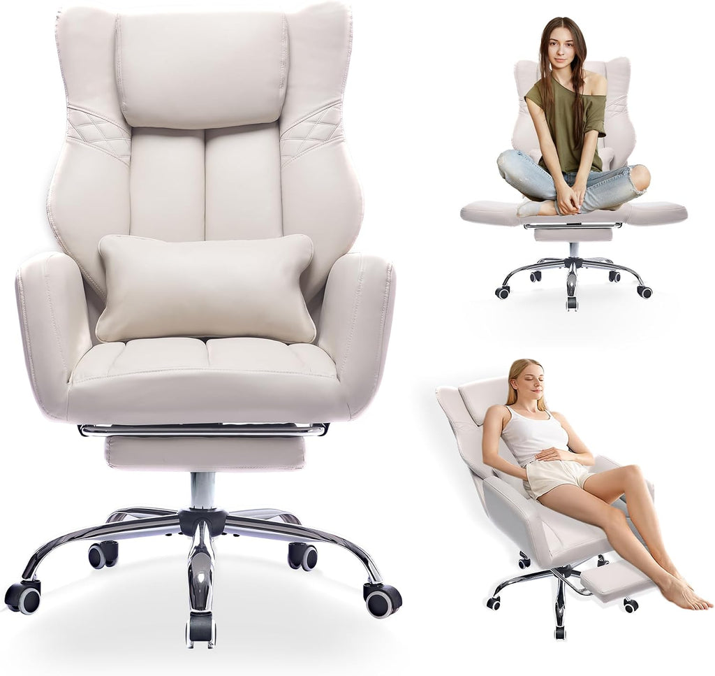 Criss Cross High Back Office Chair with Foot Rest, Ergonomic Cross Legged Desk Chair with Flip-up Armrest, Cozy Reclining 155°Swivel Chair for Home Office, Computer and Entertainment (Beige)