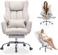 Criss Cross High Back Office Chair with Foot Rest, Ergonomic Cross Legged Desk Chair with Flip-up Armrest, Cozy Reclining 155°Swivel Chair for Home Office, Computer and Entertainment (Beige)