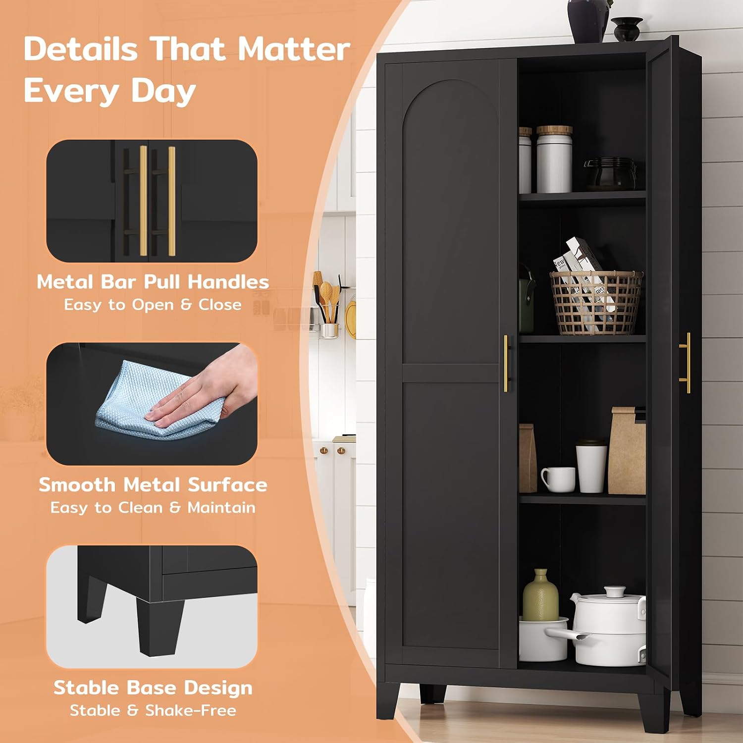 Zevemomo 61' H Metal Kitchen Pantry Cabinet, Freestanding Cupboard with 2 Doors and 3 Adjustable Shelves, Tall Metal Storage Cabinet for Kitchen, Bathroom, Dinning Room or Laundry Room （Black）