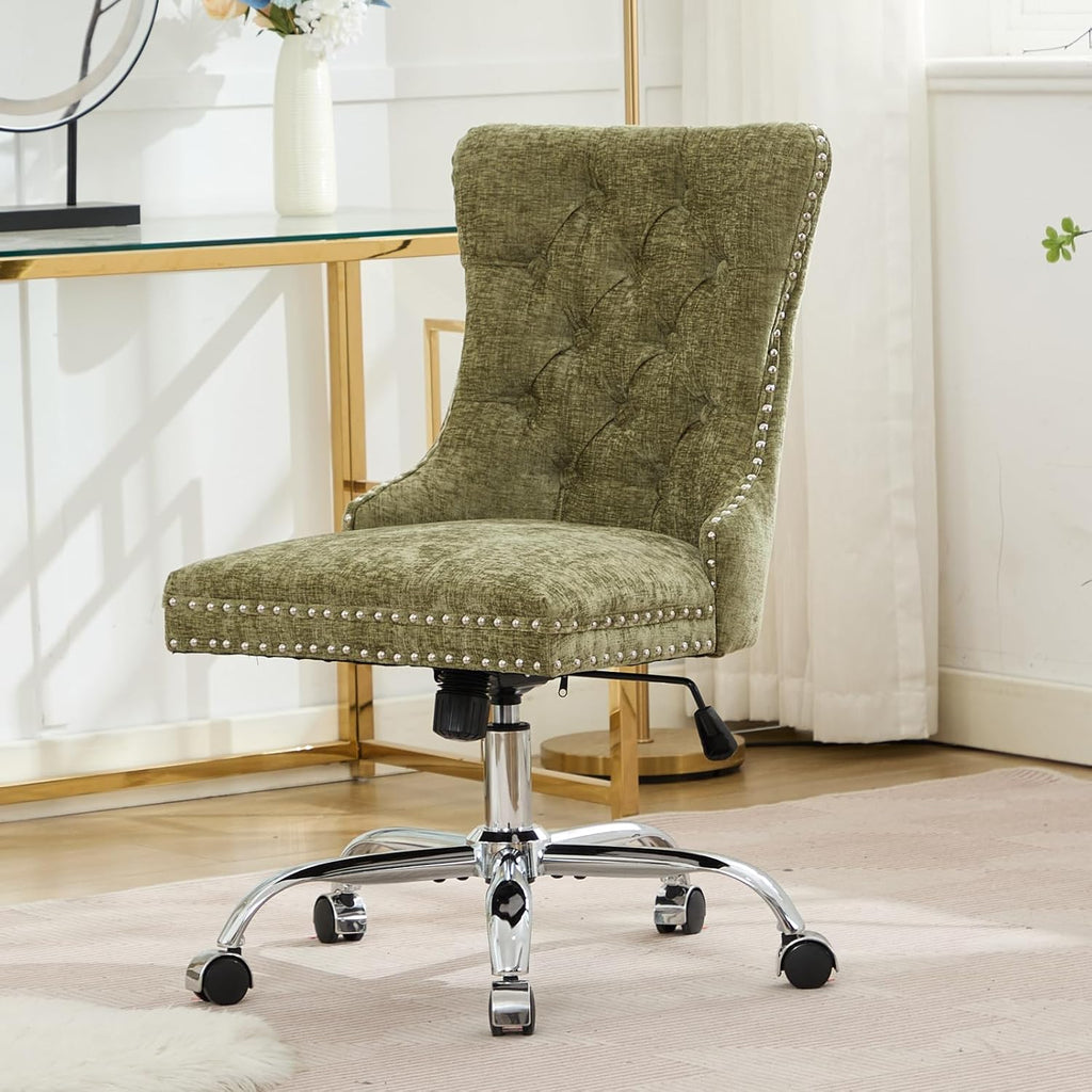 Home Office Chair with Wheels & Silver Base, Cute Chenille Fabric Makeup Vanity Chair with Tufted Back for Bedroom, Upholstered Adjustable Swivel Comfy Desk Chair for Girls Women, Green