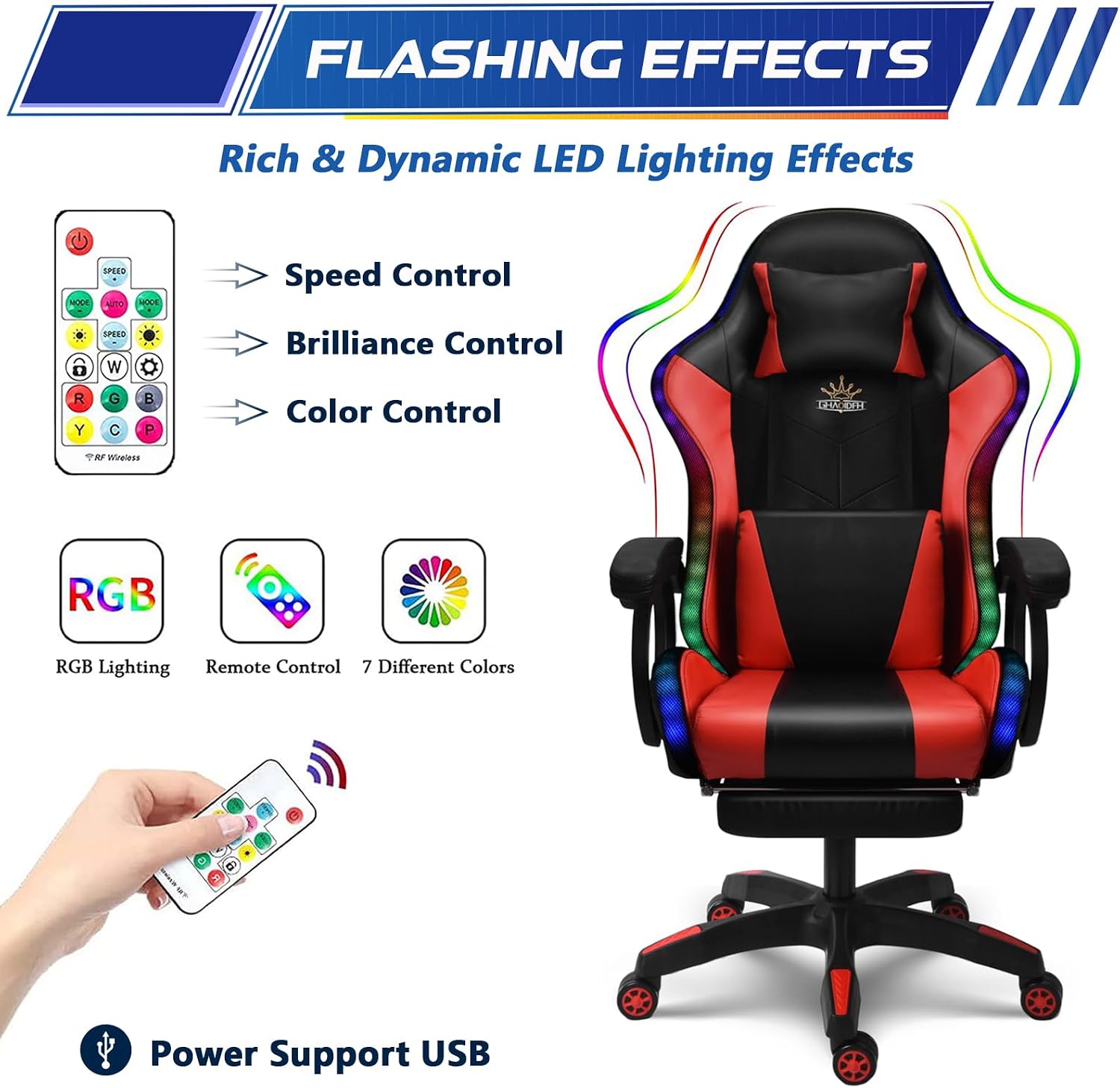 RGB Gaming Chair with Massage and Footrest Large Ergonomic Computer Desk Chair Video Gaming Chair with Speakers and Lumbar Support Height & Angles Adjustable Reclining Gamer Chair,Black