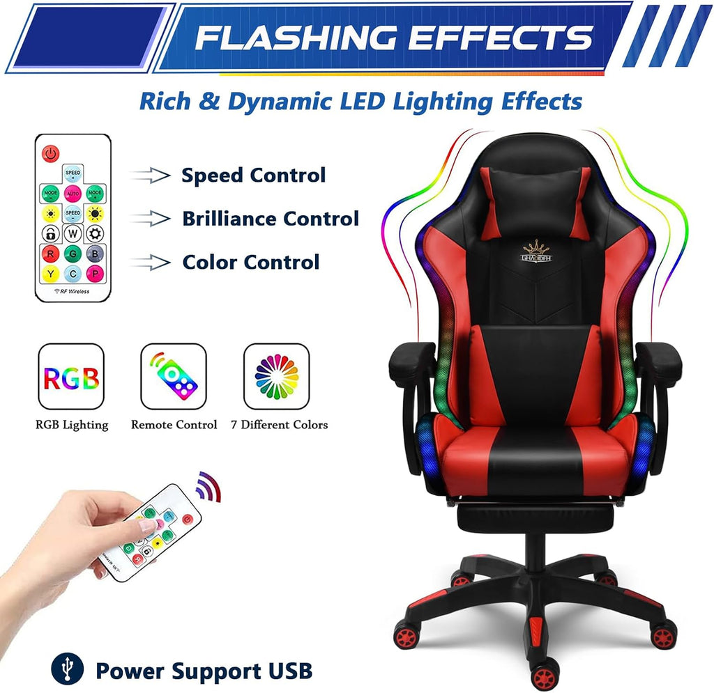 RGB Gaming Chair with Massage and Footrest Large Ergonomic Computer Desk Chair Video Gaming Chair with Speakers and Lumbar Support Height & Angles Adjustable Reclining Gamer Chair,White