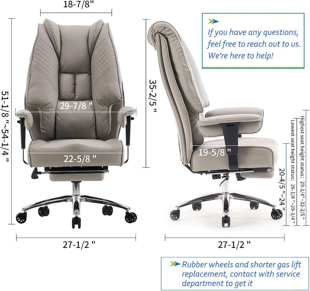 EXCEBET Big and Tall Office Chair 400lbs Wide Seat, Leather High Back Executive Office Chair with Foot Rest, Ergonomic Chairs Lumbar Support for Lower Back Pain Relief (Light Grey)