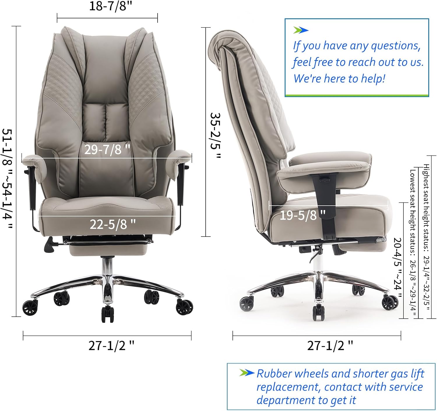 EXCEBET Big and Tall Office Chair 400lbs Wide Seat, Leather High Back Executive Office Chair with Foot Rest, Ergonomic Chairs Lumbar Support for Lower Back Pain Relief (Light Grey)