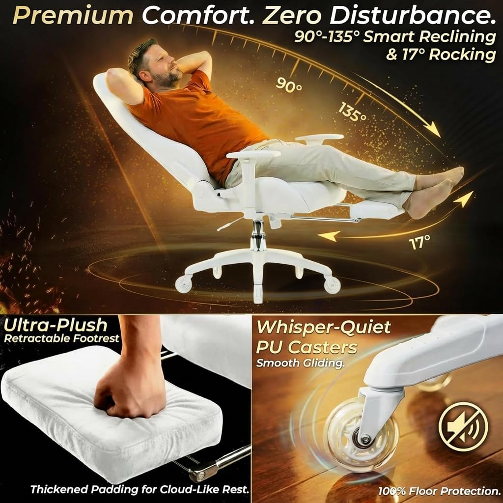 Dowinx Big and Tall Gaming Chair with Suede Fabric Breathable, Game Chairs for Adults with Oversized Thick Seat for 440lbs, Ergonomic Gamer Chair for Streaming & Long Gaming Sessions, White