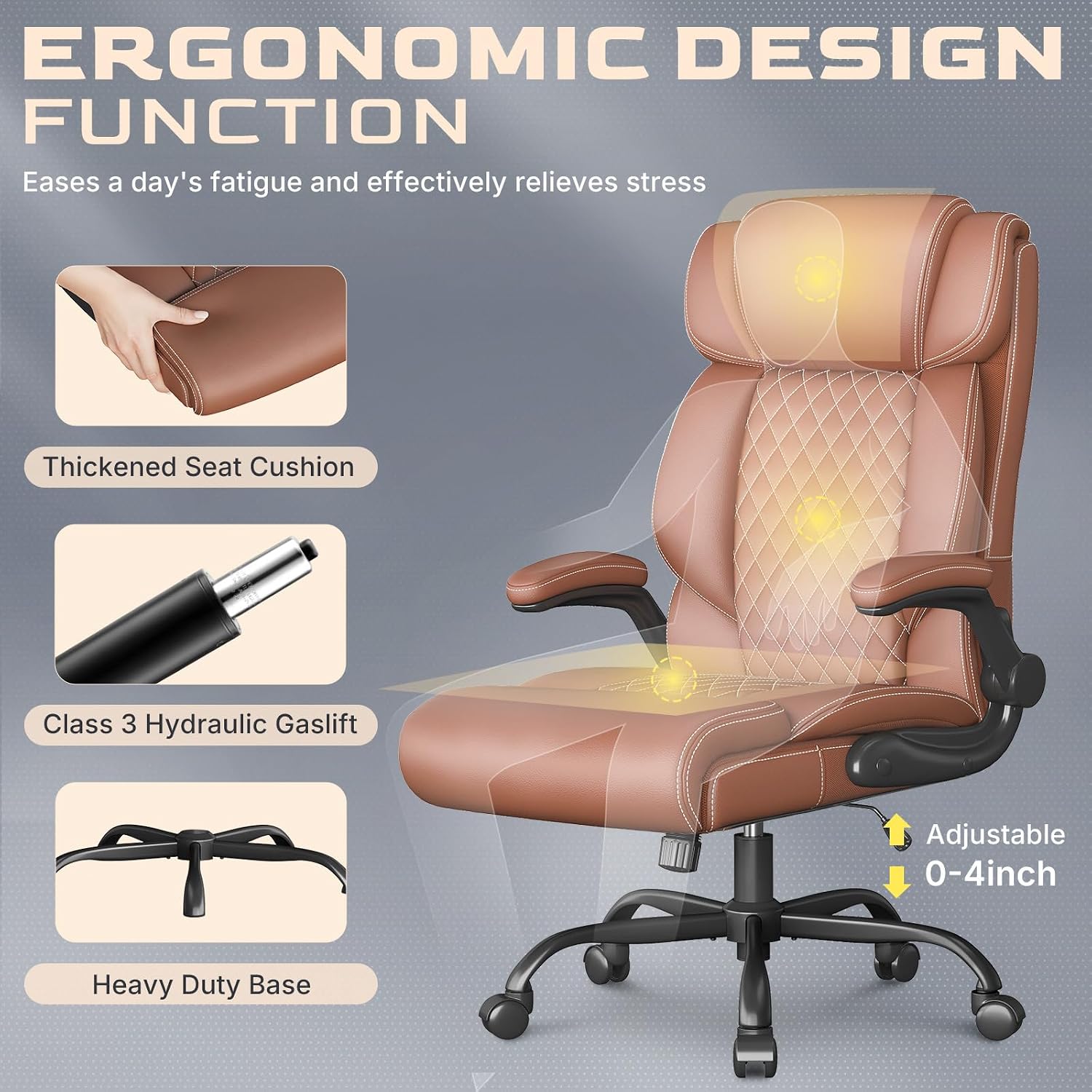 Office Chair-Executive High Back Breathable Big and Tall Office Chair Flip-up Armrests Lumbar Support-Ergonomic Leather Rolling Swivel Chair with Rock Function for Working Studying Gaming,Brown