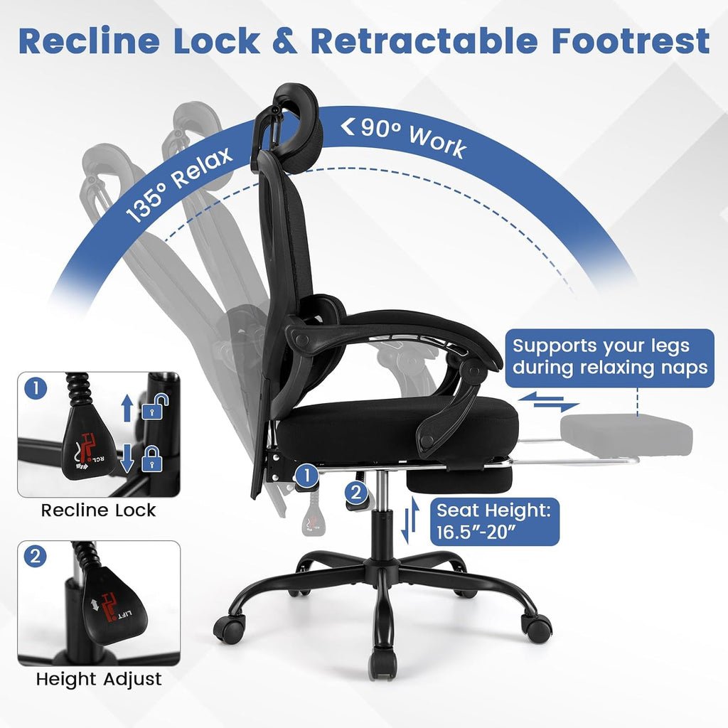 Giantex Mesh Office Chair, Ergonomic Desk Chair with Retractable Footrest, 135° Tilting Backrest, Adjustable Headrest & Lumbar Support, Padded Armrest, Computer Chair with High Back for Home Office