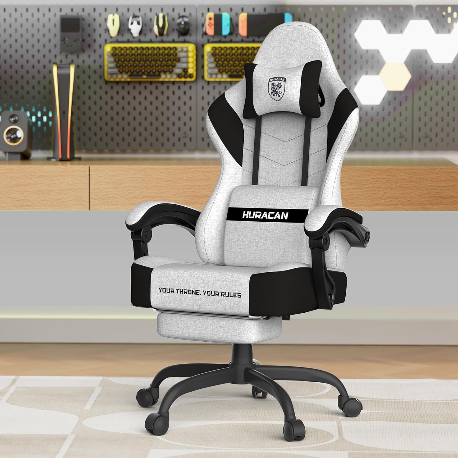 Ferghana Cotton Fabric Gaming Chair with Wider Seat Cushion, Shield-Shaped Embroidery Ergonomic High Back Game Chair with Footrest, Computer Chair with Massage Lumbar Support for Adult, White