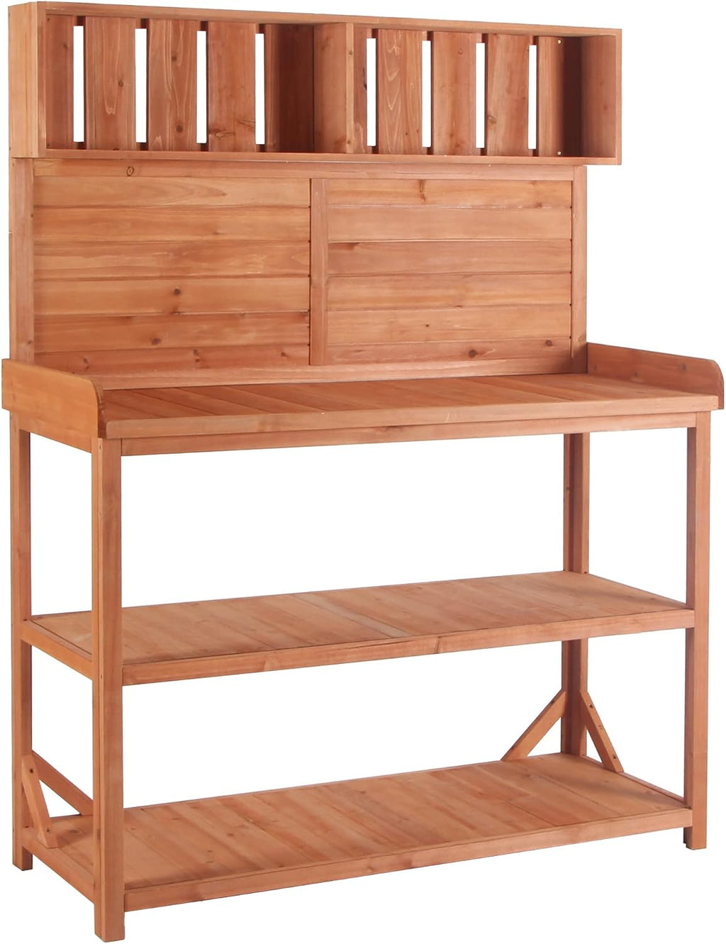 Harper & Bright Designs 65' Large Wooden Farmhouse Rustic Outdoor Potting Bench Table with 4 Storage Shelves and Side Hook, Patio Workstation, for Garden, Backyard, Natural