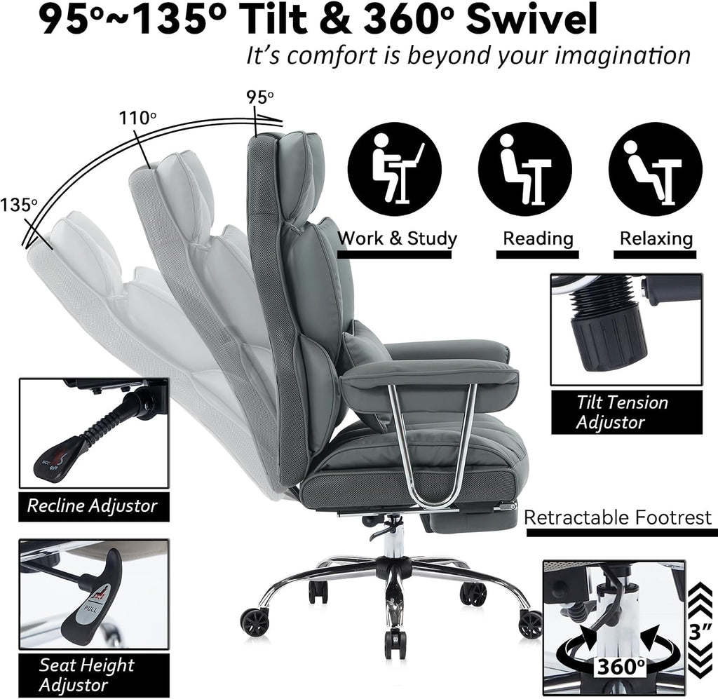 Efomao Big and Tall Office Chair 400lbs – High Back Executive Chair with Swivel Base, PU Leather Upholstery, Lumbar Pillow, Padded Armrests, and Rolling Wheels，Dark Grey Computer Chair