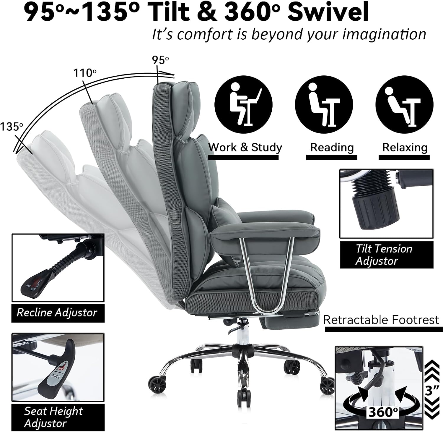Efomao Big and Tall Office Chair 400lbs – High Back Executive Chair with Swivel Base, PU Leather Upholstery, Lumbar Pillow, Padded Armrests, and Rolling Wheels，Dark Grey Computer Chair