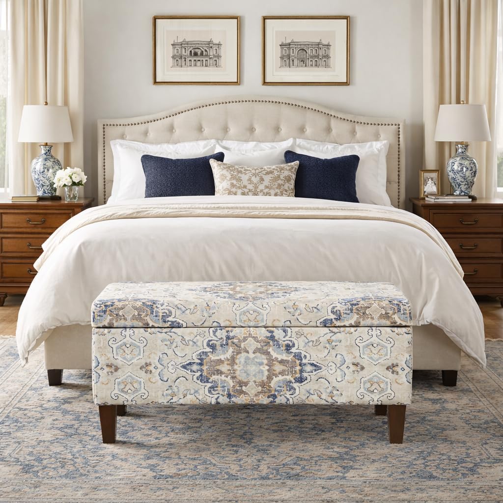 HomePop Ottomon Upholstered Rectangular Storage Ottoman Bench with Hinged Lid, Antiqued Medallion Print Ebony and Cream