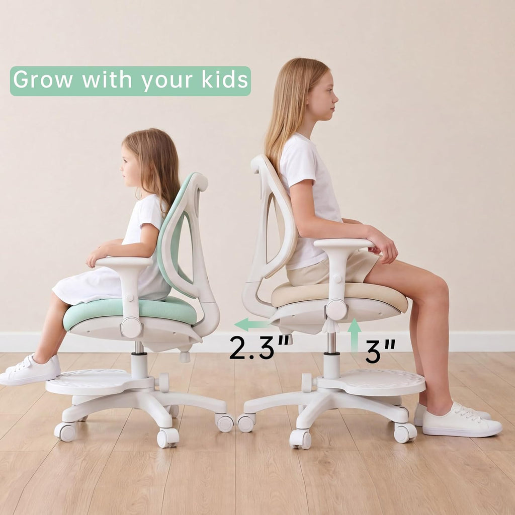 Desk Chair, Ergonomic Study Chair for Kids with Lumbar Support and Footrest, Adjustable Height, Flip-Up Armrests, Mesh Student Chair with Adjustable backrest, Model Deer (Beige)