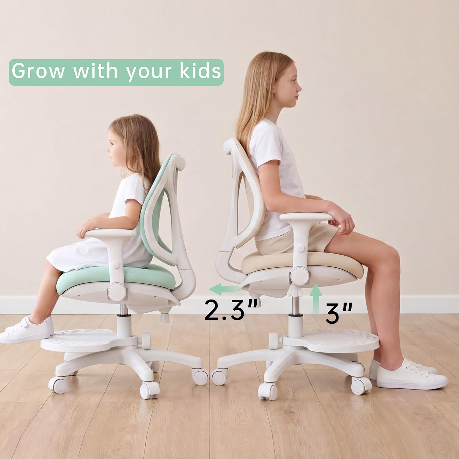 Desk Chair, Ergonomic Study Chair for Kids with Lumbar Support and Footrest, Adjustable Height, Flip-Up Armrests, Mesh Student Chair with Adjustable backrest, Model Deer (Beige)