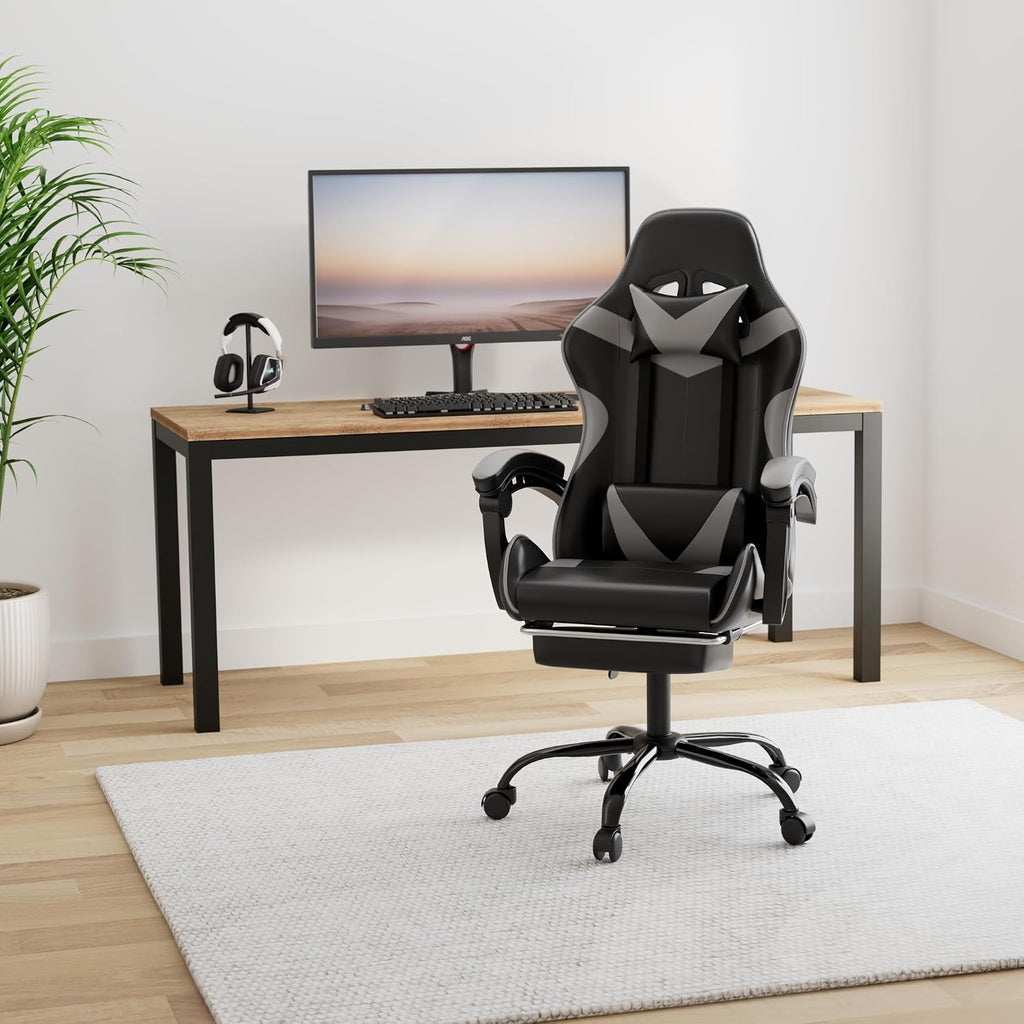 YSSOA Gaming Chair, Computer Chair with Footrest, Height Adjustable & 90°-135° Tilt Function, Swivel Recliner Ergonomic Racing Style Video Game Chair with Lumbar Support (Black/Grey)