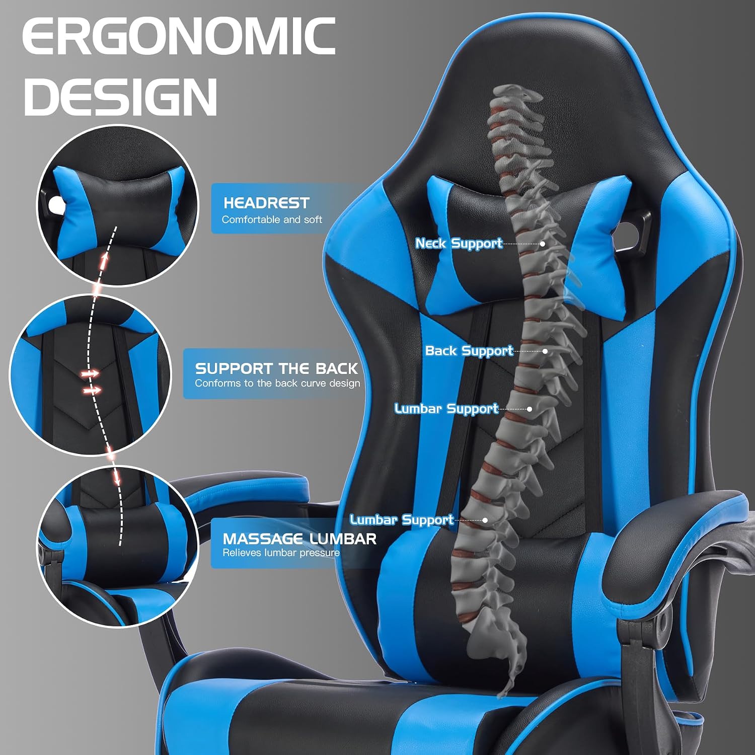 Gaming Chair with Footrest, Ergonomic Computer Chair with Headrest and Lumbar Support, Breathable Material Height Adjustable Swivel Video Game Chairs for Adults, 300lbs Max, Black & Blue