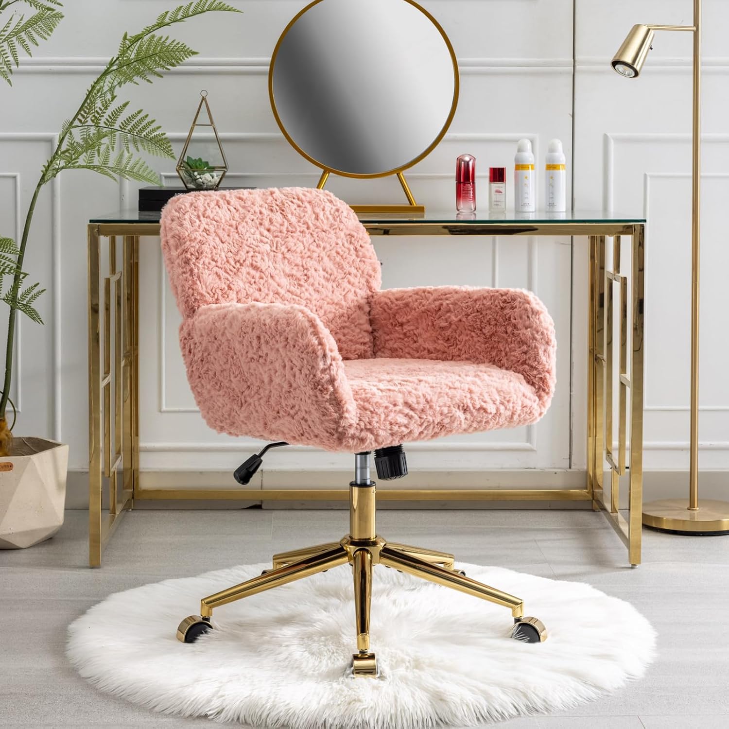 Shenyon Pink Desk Chair Faux Fur Vanity Chair, Comfortable Home Office Chair with Wheels for Women, Swivel Wide Office Chair Makeup Chair Height Adjustable for Office, Study, Bedroom, Pink